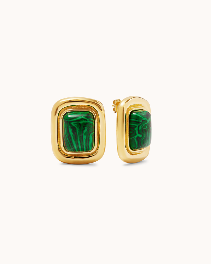 Green Statement Stud Earrings in Gold