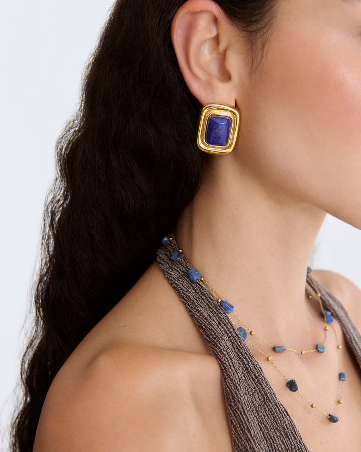 Blue Statement Stud Earrings in Gold