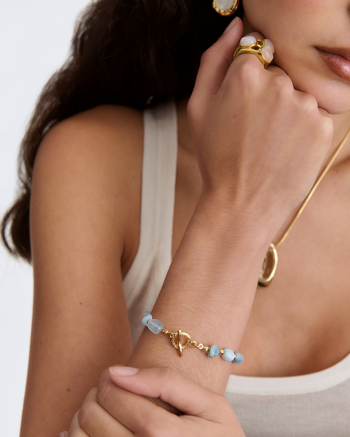 Waterproof Blue Semi-Precious Stone Beaded Bracelet in Gold