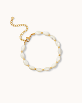 Waterproof White Oval Semi-Precious Shell Beaded Bracelet in Gold