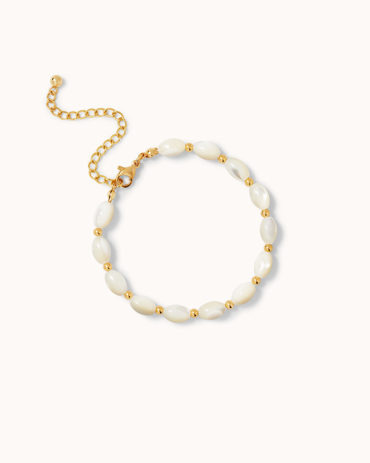 Waterproof White Oval Semi-Precious Shell Beaded Bracelet in Gold