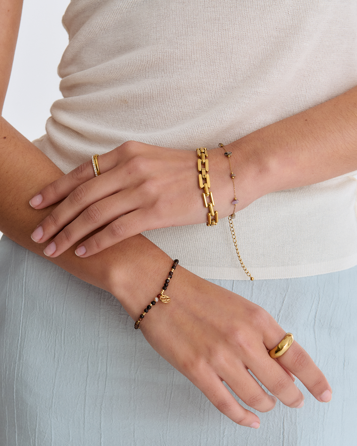 Waterproof Brown Semi-Precious Textured Disc Beaded Bracelet in Gold