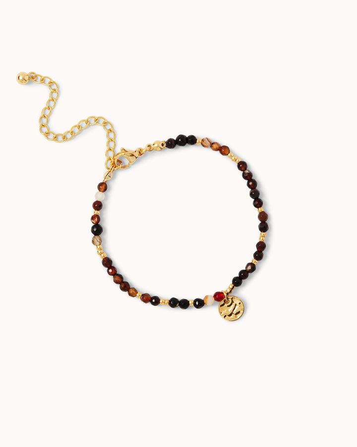 Waterproof Brown Semi-Precious Textured Disc Beaded Bracelet in Gold
