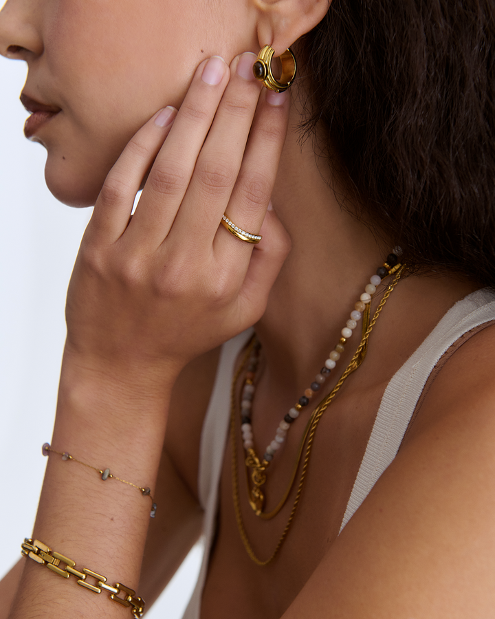 Waterproof Multi-Coloured Semi-Precious Stone Bracelet in Gold