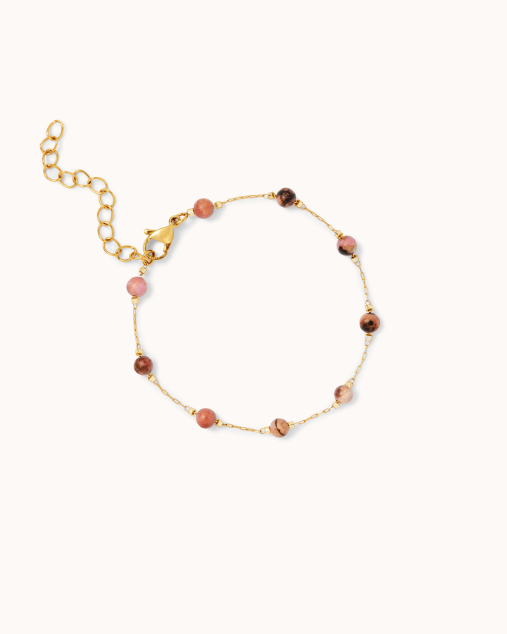 Waterproof Light Pink Semi-Precious Round Station Bracelet in Gold