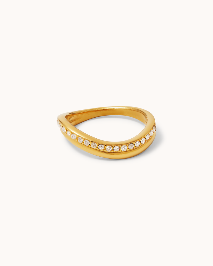 Waterproof Double Band Wave Cubic Zirconia Ring in Gold