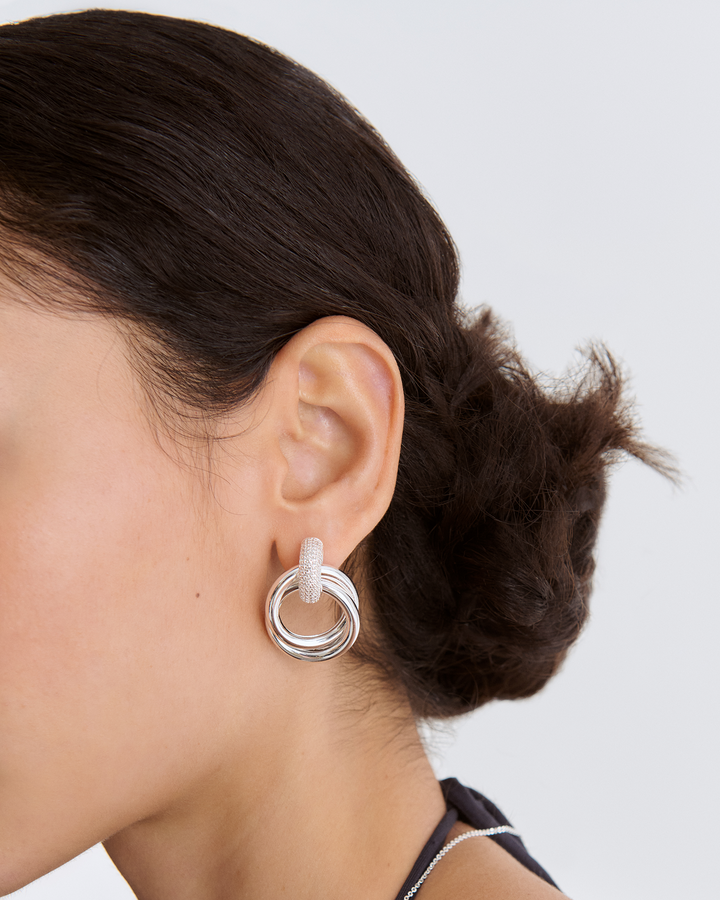 Pavé Twisted Doorknocker Cubic Zirconia Stud Earrings in Silver