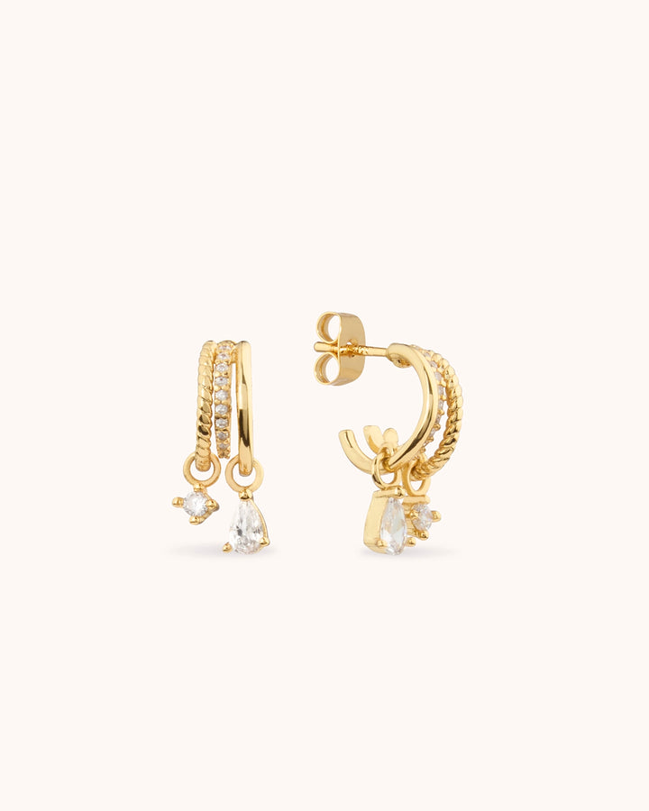 Double Cubic Zirconia Drop Huggies in Gold