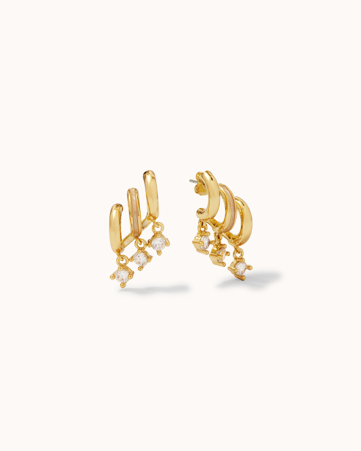 Triple Cubic Zirconia Drop Huggie Earrings in Gold