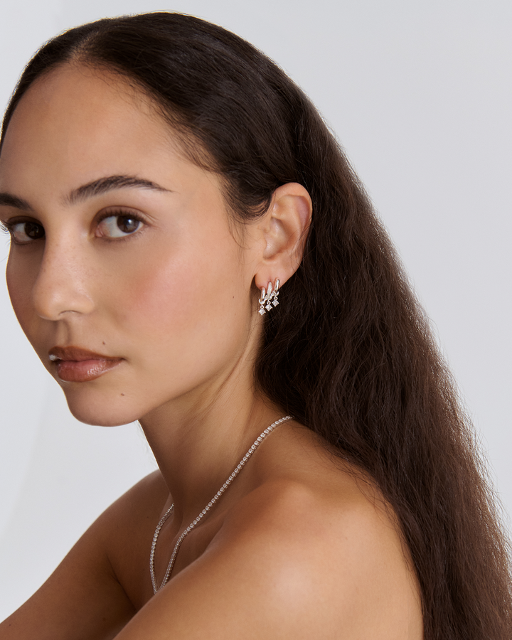 Triple Cubic Zirconia Drop Huggie Earrings in Silver