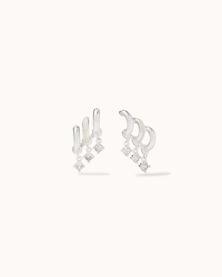 Triple Cubic Zirconia Drop Huggie Earrings in Silver