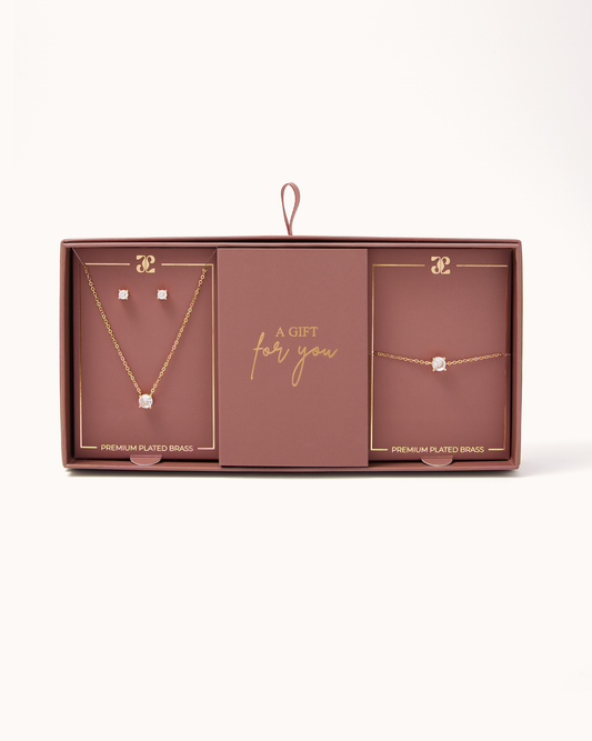 Gift Set: Solitaire Necklace, Bracelet & Earrings in Gold